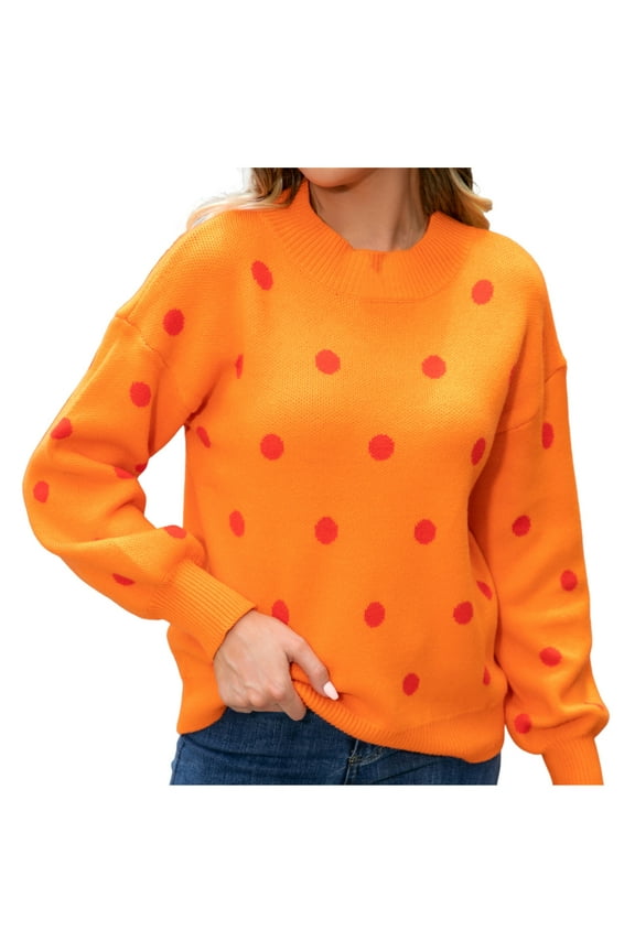 Pullover Sweater for Women Comfortable Dot Print Long Sleeve Pullover Round Neck Cute Warm Versatile Sweater,Orange