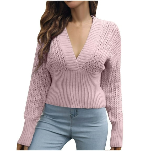 IROINNID Pullover Sweater for Women Fall Hollow Out Casual Comfortable V-Neck Long Sleeve Elastic Waist Sweater,Pink