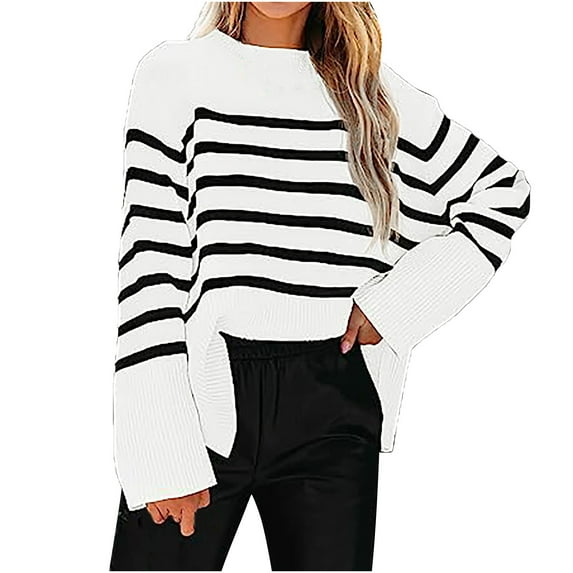 IROINNID Pullover Sweater for Women Striped Loose Fit Long Sleeve Crewneck Pullover Casual Oversized Winter Warm Trendy Sweater,White