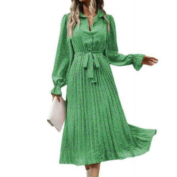 IROINNID Deals Semi Formal Dress for Women Long Sleeve A-Line Dress V-neck Bandage High Waist Shirt Dress,Green