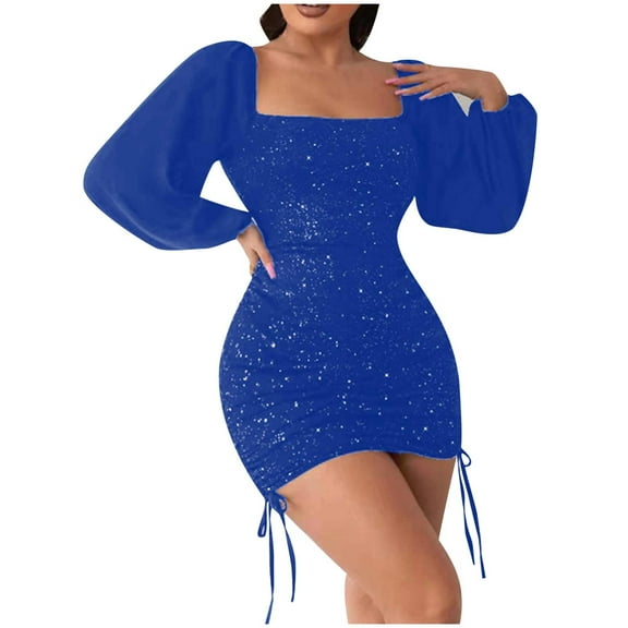 IROINNID Semi Formal Dress for Women Long Sleeve Mini Dress Fall Drawstring Bishop Sleeve Off-The-Shoulder Neck Dress,Blue