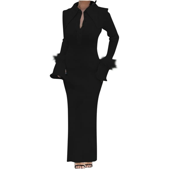 IROINNID Semi Formal Dress for Women Long Sleeve Sheath Dress Knitted V-Neck Faux-Feather Split Dress,Black