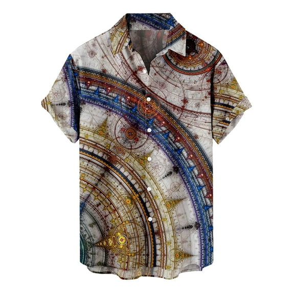 IROINNID Deals Shirt with Pocket for Men Hawaiian Geometry Print Lapel Short Sleeve Shirt,Gray