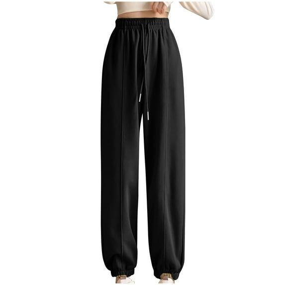 IROINNID Sweatpants for Women Casual Jogger Loose Fit Plush Sports Solid Color Baggy Pants Straight Tube Large Size Long Pants,Black