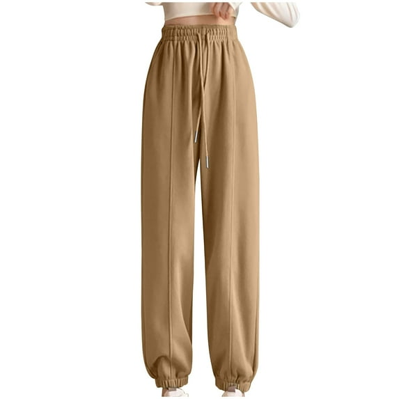 IROINNID Deals Sweatpants for Women Casual Jogger Loose Fit Plush Sports Solid Color Baggy Pants Straight Tube Large Size Long Pants,Khaki