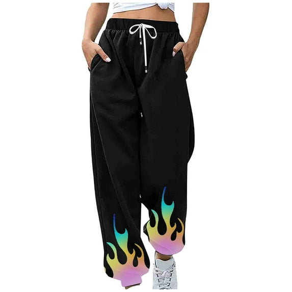 IROINNID Deals Sweatpants for Women Casual Jogger Relaxed Fit Flame Printing Sweatpants Lounge Trousers with Pockets High Waist Pants,Black