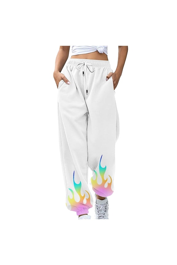 Sweatpants for Women Casual Jogger Relaxed Fit Flame Printing Sweatpants Home Trousers with Pockets High Waist Pants,White