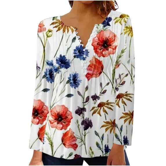 IROINNID Deals Tunic Tops for Women Womens Oversized Shirt Comfy Summer Fold Printed Regular Long Sleeves Round Neck Button Top,White