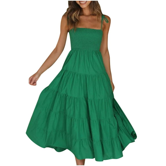 IROINNID Deals Wedding Guest Dresses for Women Evening Night Formal Fall Dress High Waist Sleeveless Printed Off Shoulder Color Suspender Sleeveless Round Neck Elegant A-Line Dress,Green