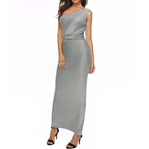 IROINNID Deals Wedding Guest Dresses for Women Evening Night Party Dress One-shoulder Bright Silk Elegant Dress European And American Plus-size Solid Color Trendy Formal Dress,Gray