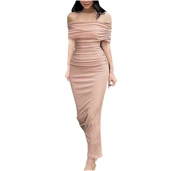 IROINNID Wedding Guest Dresses for Women Evening Night Party Dress Short Sleeve Strapless Backless Tube Top Evening Long Dress Elegant Formal Dress,Pink