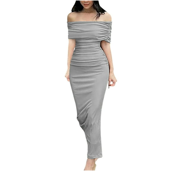 IROINNID Wedding Guest Dresses for Women Evening Night Party Dress Short Sleeve Strapless Backless Tube Top Evening Long Dress Elegant Formal Dress,Gray