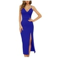 thumbnail image 1 of IROINNID Deals Wedding Guest Dresses for Women Evening Night Party Dress Solid Color Side Slit Elastic Knitted V-Neck Suspender Dress Trendy Formal Dress,Blue, 1 of 6