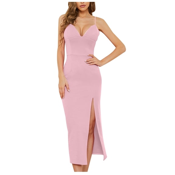 IROINNID Wedding Guest Dresses for Women Evening Night Party Dress Solid Color Side Slit Elastic Knitted V-Neck Suspender Dress Trendy Formal Dress,Pink