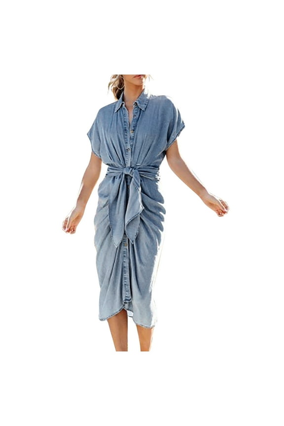 Wedding Guest Dresses for Women Formal Evening Night Dress V-neck Lapel Short Sleeved Button Up Waist Tied Denim Dress Elegant Wrap Dress,Light Blue