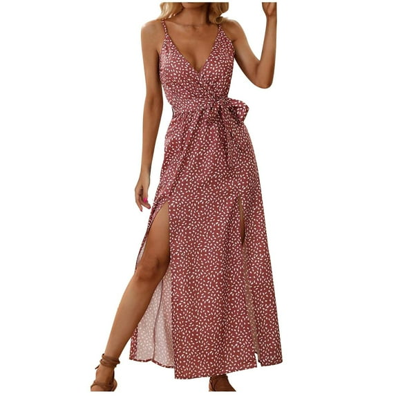 IROINNID Deals Wedding Guest Dresses for Women Semi Formal Evening Night Casual Homecoming Dress Open-back V-neck Floral Chiffon Printed Dress In Spring And Summer Elegant Wrap Dress,Red