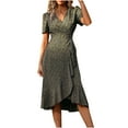 thumbnail image 1 of IROINNID Deals Wedding Guest Dresses for Women Semi Formal Evening Night Casual Homecoming Dress Summer Printed Short Sleeve V-Neck Ruffle Dress Elegant Asymmetrical Dress,Olive Green, 1 of 5