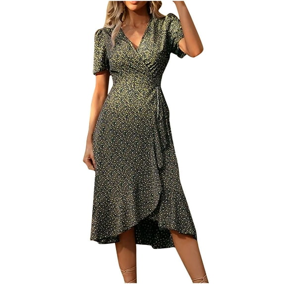 IROINNID Deals Wedding Guest Dresses for Women Semi Formal Evening Night Casual Homecoming Dress Summer Printed Short Sleeve V-Neck Ruffle Dress Elegant Asymmetrical Dress,Olive Green