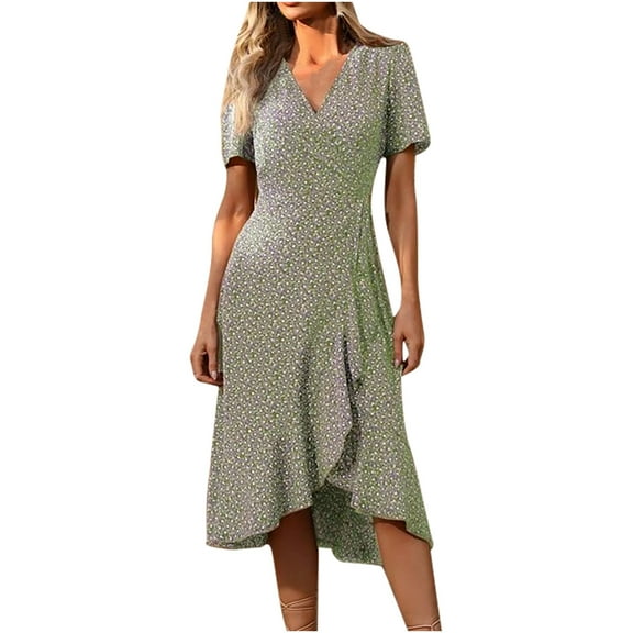 IROINNID Wedding Guest Dresses for Women Semi Formal Evening Night Casual Homecoming Dress Summer Printed Short Sleeve V-Neck Ruffle Dress Elegant Asymmetrical Dress,Green