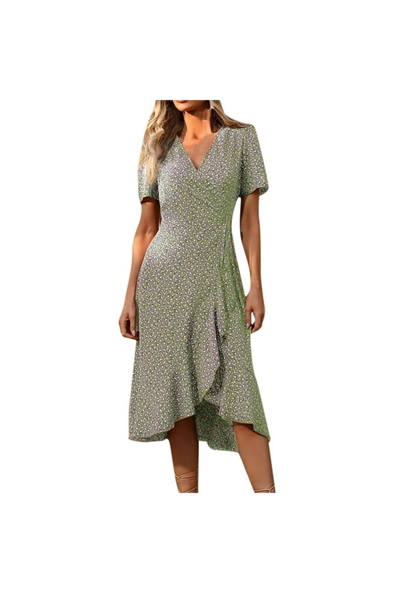 Wedding Guest Dresses for Women Semi Formal Evening Night Casual Homecoming Dress Summer Printed Short Sleeve V-Neck Ruffle Dress Elegant Asymmetrical Dress,Green