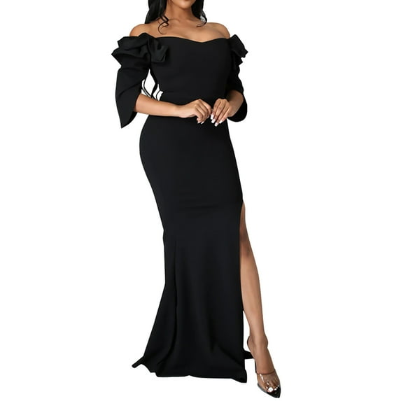 IROINNID Deals Wedding Guest Dresses for Women Homecoming Party Color Long Dress Off Shoulder Sexy Split V-Neck Dress Trendy Formal Dress,Black