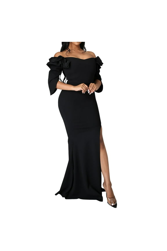 Wedding Guest Dresses for Women Homecoming Party Color Long Dress Off Shoulder Split V-Neck Dress Trendy Formal Dress,Black