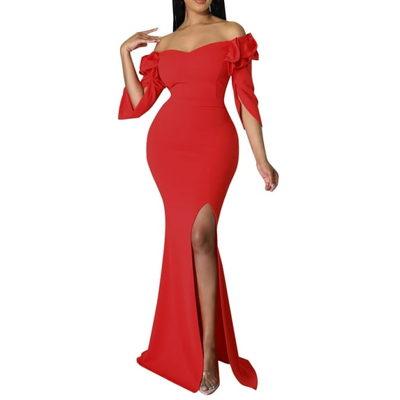 IROINNID Wedding Guest Dresses for Women Homecoming Party Color Long Dress Off Shoulder Split V-Neck Dress Trendy Formal Dress,Red