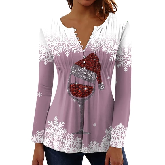 IROINNID Deals Women's Fall Tops Long Sleeve Christmas Printed V-neck Tunic Tops Casual Loose Fit Button Comfy Top,Pink