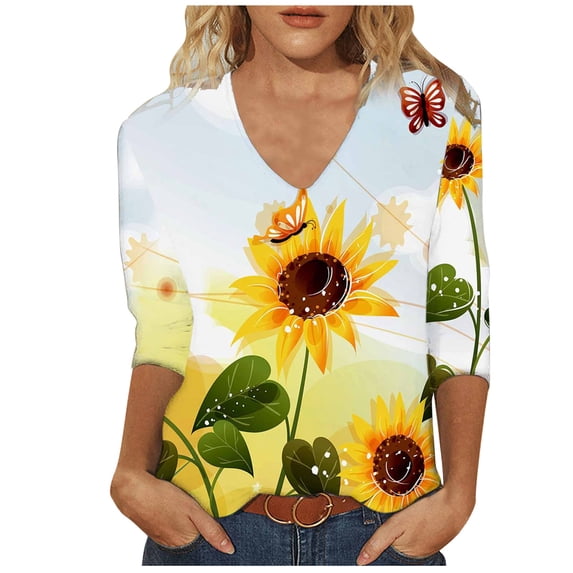 IROINNID Deals Women's Long Sleeve V-Neck Shirts Comfy Printing Loose T-shirt 3/4 Sleeves Blouse V-Neck Tops,White