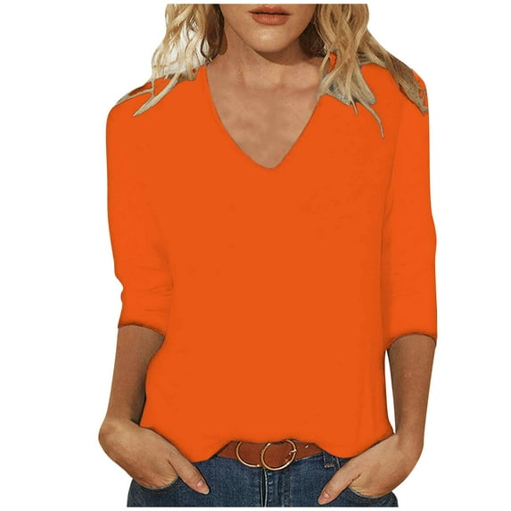 IROINNID Deals Women's Long Sleeve V-Neck Shirts Comfy Solid Color Loose T-shirt 3/4 Sleeves Blouse V-Neck Tops,Orange