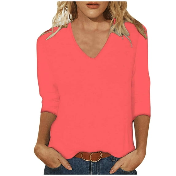 IROINNID Deals Women's Long Sleeve V-Neck Shirts Comfy Solid Color Loose T-shirt 3/4 Sleeves Blouse V-Neck Tops,Watermelon Red