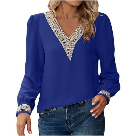 IROINNID Deals Women's Long Sleeve V-Neck Shirts Comfy Solid V-Neck Long Sleeve Loose Lace Panel Contrast Chiffon Top,Sky Blue