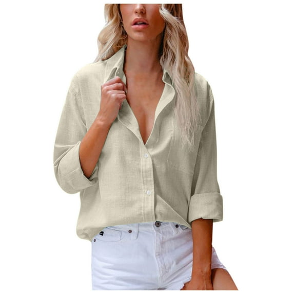 IROINNID Deals Women's Long Sleeve V-Neck Shirts Cotton Shirts for Women Comfy Solid Color Shirt V-Neck Loose Blouse Long Sleeve Work Tunic Tops With Pocket,Beige