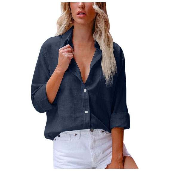 IROINNID Women's Long Sleeve V-Neck Shirts Cotton Shirts for Women Comfy Solid Color Shirt V-Neck Loose Blouse Long Sleeve Work Tunic Tops With Pocket,Navy