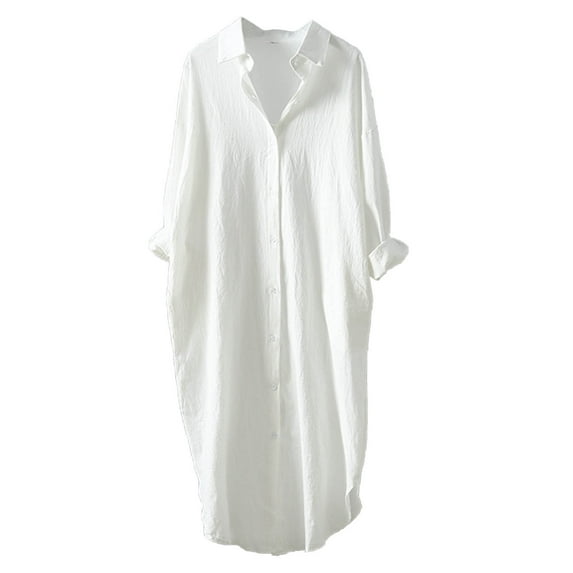 IROINNID Women's Long Sleeve V-Neck Shirts Cotton Shirts for Women Comfy Ladies Solid Color Long Sleeve Cotton Loose Top Shirt Coat,White