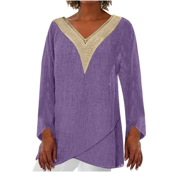 IROINNID Deals Women's Long Sleeve V-Neck Shirts Cotton Shirts for Women Comfy Length Sleeve V-Neck Solid Color Irregular Blouse Tops T-Shirt,Purple