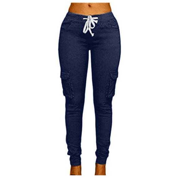 IROINNID Women's Pants Slim Fitting Solid Drawstring Waist Skinny Leggings Tight Fit Pants Casual Trendy Pants,Navy