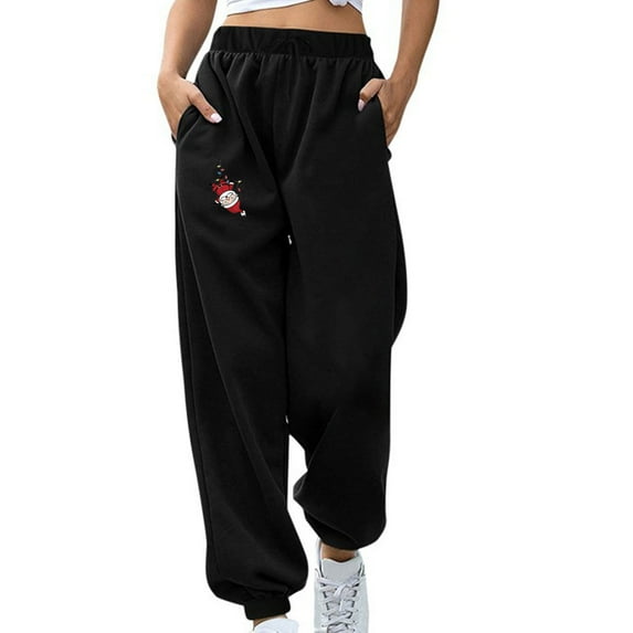 IROINNID Deals Women's Sweatpants Casual Jogger Christmas Printed High Waist Drawstring Loose Fit Comfy Sweatpants,Black