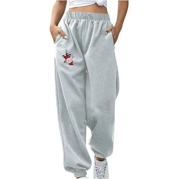 IROINNID Women's Sweatpants Casual Jogger Christmas Printed High Waist Drawstring Loose Fit Comfy Sweatpants,Gray
