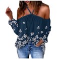 thumbnail image 1 of IROINNID Deals Womens Long Sleeve Tops Flowers Printing V-Neck Halter Sexy Off Shoulder T-Shirt Lounge Tops Blouse,Blue, 1 of 5