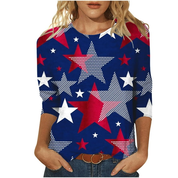 IROINNID Deals Womens Long Sleeve Tops Independence Day Printed T-shirt 3/4 Sleeves Blouse Round Neck Lounge Tops,Blue