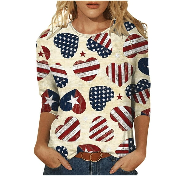 IROINNID Deals Womens Long Sleeve Tops Independence Day Printed T-shirt 3/4 Sleeves Blouse Round Neck Lounge Tops,Khaki