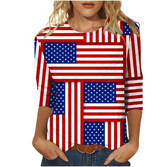 IROINNID Deals Womens Long Sleeve Tops Independence Day Printed T-shirt 3/4 Sleeves Blouse Round Neck Lounge Tops,Red