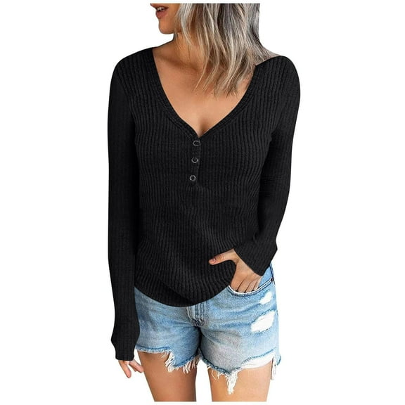 IROINNID Womens Long Sleeve V-Neck Shirts Home Loose T-shirt Autumn Blouse Pullover Tops,Black