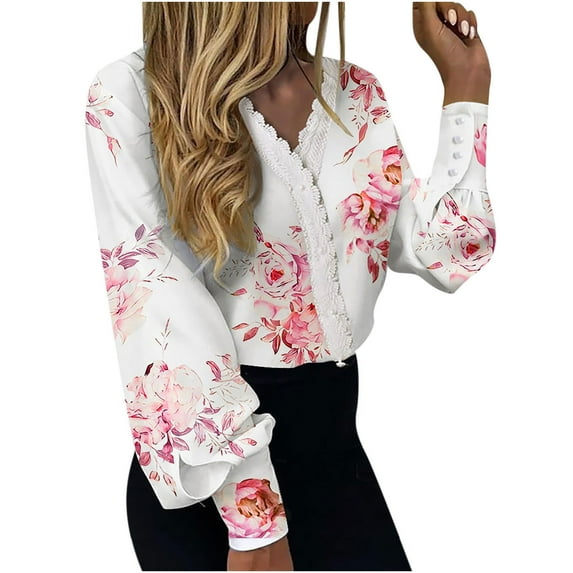 IROINNID Womens Long Sleeve V-Neck Shirts Print Lace Patchwork Button Shirt Tops,Pink