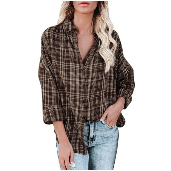 IROINNID Deals Womens Long Sleeve V-Neck Shirts Solid Color Button Down Shirts Loose Blouse Lounge Work Plaid Tunic Tops,Coffee