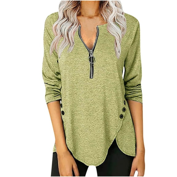 IROINNID Womens Long Sleeve V-Neck Shirts Solid Color Buttons Zipper Loose Shirt Blouse Top,Green
