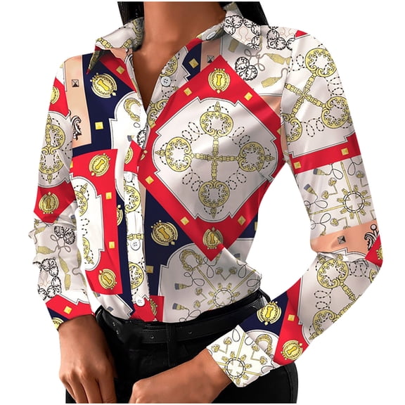 IROINNID Womens Long Sleeve V-Neck Shirts Summer Slim Print Home Full-Sleeve Tops Blouse,Red