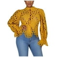 thumbnail image 1 of IROINNID Deals Womens Long Sleeve V-Neck Shirts ’s Sexy Ruffle Summer Puff Flare Shirt Hollow Out Tunic Blouses Tops,Yellow, 1 of 8