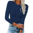 thumbnail image 1 of IROINNID Deals Womens Plus Size Tops Fall Long Sleeve Stretch Slim Fitted T-Shirt Blouse Solid Basic Tops,Dark Blue, 1 of 7